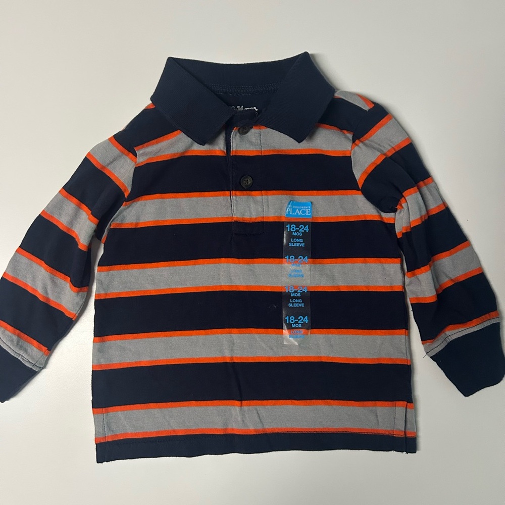 The Children's Place Polo Blue and Orange Striped Long Sleeve